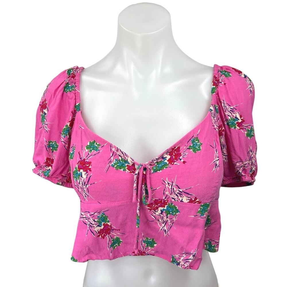 Zara Pink Floral Sweetheart Neck Short Puff Sleeve Smocked Blouse Crop Top Sz M